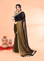 Piyari Fashion Women`s Black Cotton Handloom Saree With Gold Zari Stripes | Grocsy