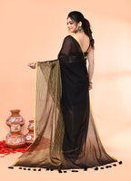 Piyari Fashion Women`s Black Cotton Handloom Saree With Gold Zari Stripes | Grocsy