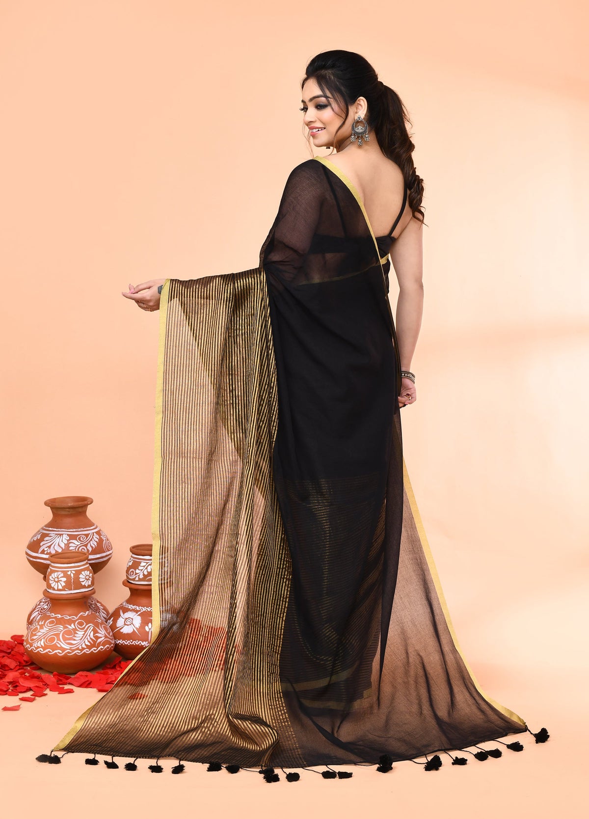 Piyari Fashion Women`s Black Cotton Handloom Saree With Gold Zari Stripes | Grocsy