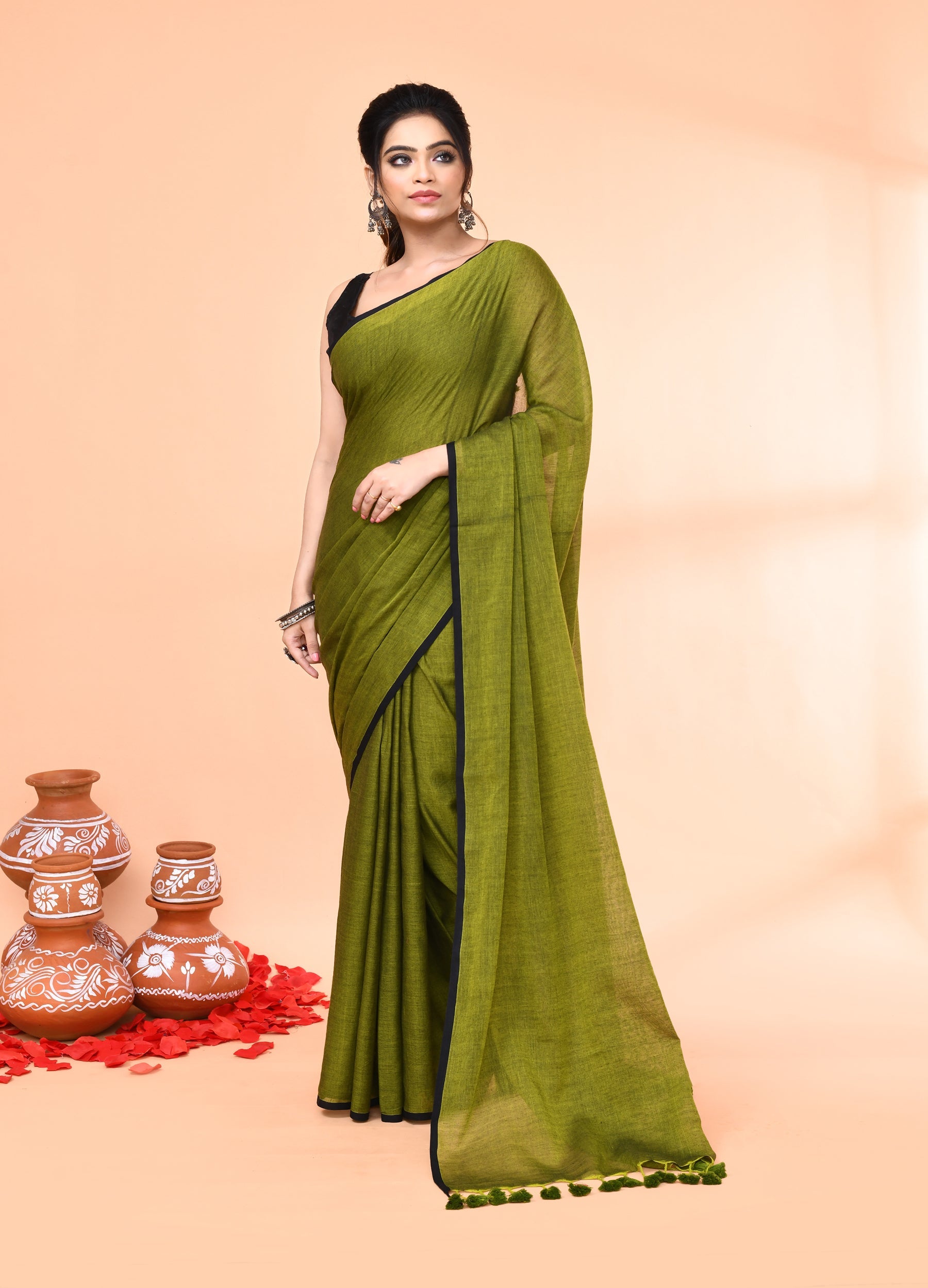 Piyari Fashion Olive Mulmul Cotton Saree With Tassels | Grocsy