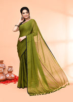 Piyari Fashion Olive Mulmul Cotton Saree With Tassels | Grocsy
