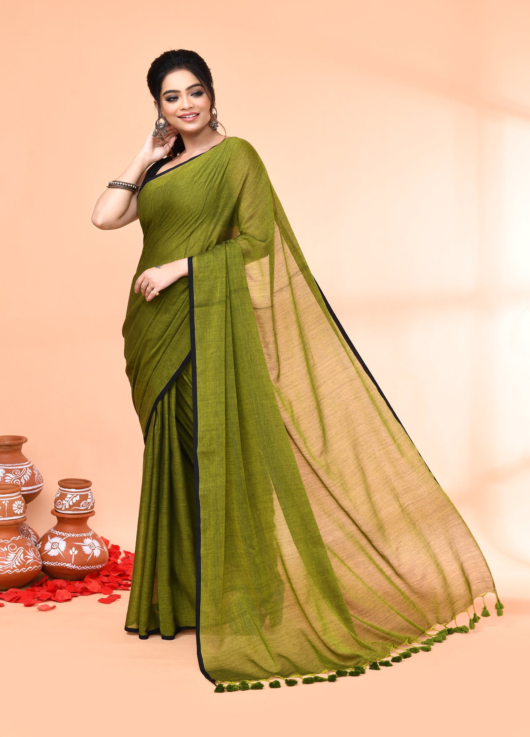 Piyari Fashion Olive Mulmul Cotton Saree With Tassels | Grocsy