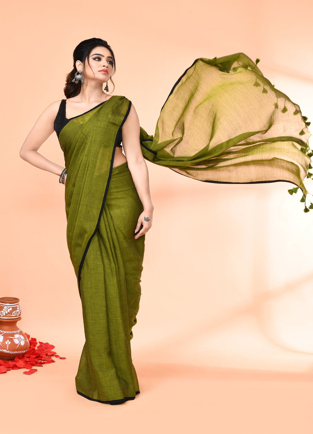 Piyari Fashion Olive Mulmul Cotton Saree With Tassels | Grocsy