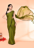 Piyari Fashion Olive Mulmul Cotton Saree With Tassels | Grocsy