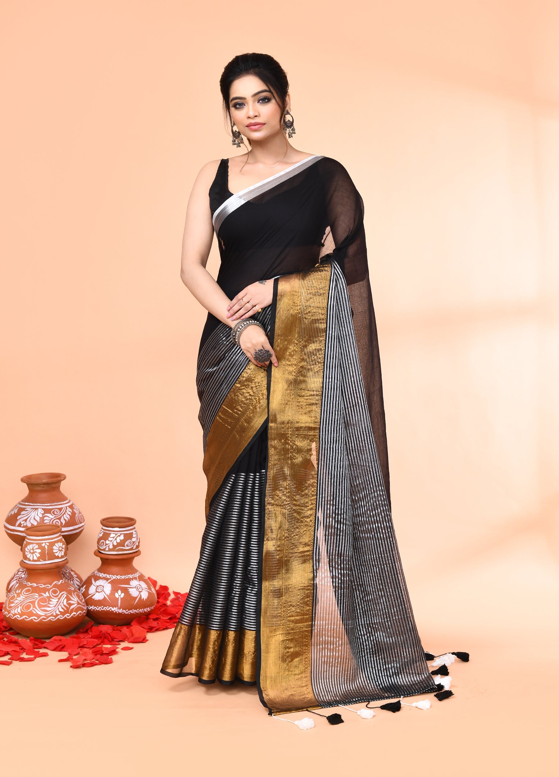 Piyari Fashion Women`s Black Cotton Handloom Saree With Gold Silver Zari Stripes | Grocsy