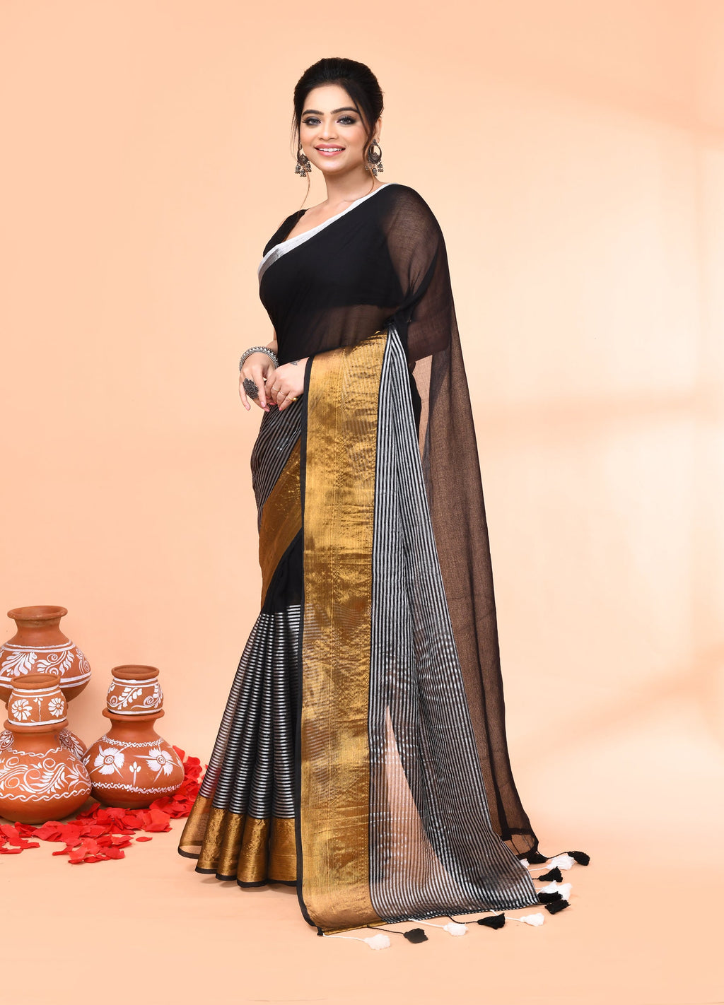 Piyari Fashion Women`s Black Cotton Handloom Saree With Gold Silver Zari Stripes | Grocsy