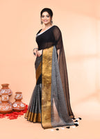 Piyari Fashion Women`s Black Cotton Handloom Saree With Gold Silver Zari Stripes | Grocsy