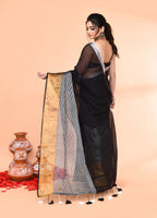 Piyari Fashion Women`s Black Cotton Handloom Saree With Gold Silver Zari Stripes | Grocsy
