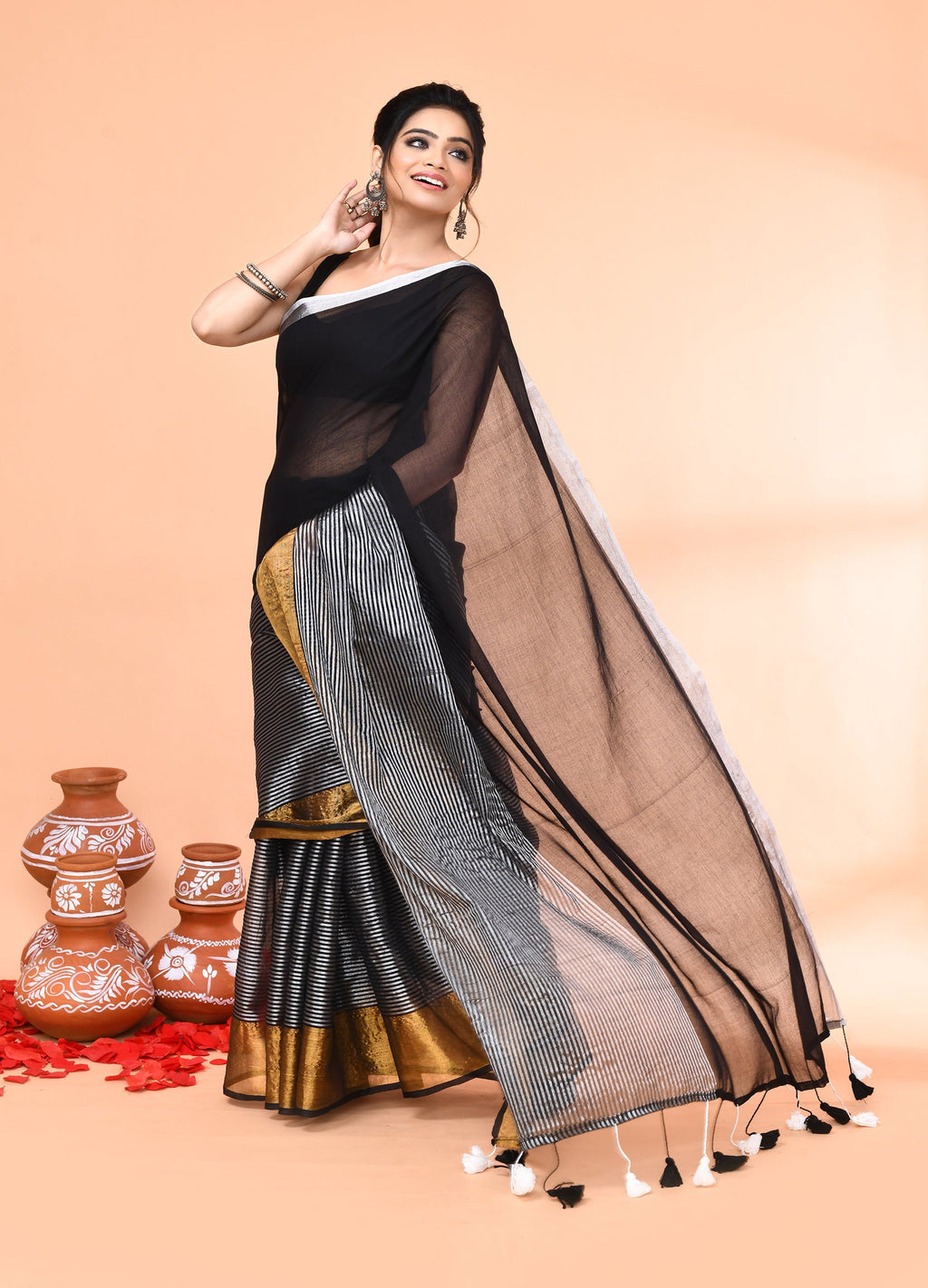 Piyari Fashion Women`s Black Cotton Handloom Saree With Gold Silver Zari Stripes | Grocsy