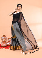 Piyari Fashion Women`s Black Cotton Handloom Saree With Gold Silver Zari Stripes | Grocsy