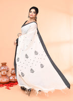 Piyari Fashion Women`s Off White Mul Cotton Handloom Jamdani Saree With Blouse | Grocsy