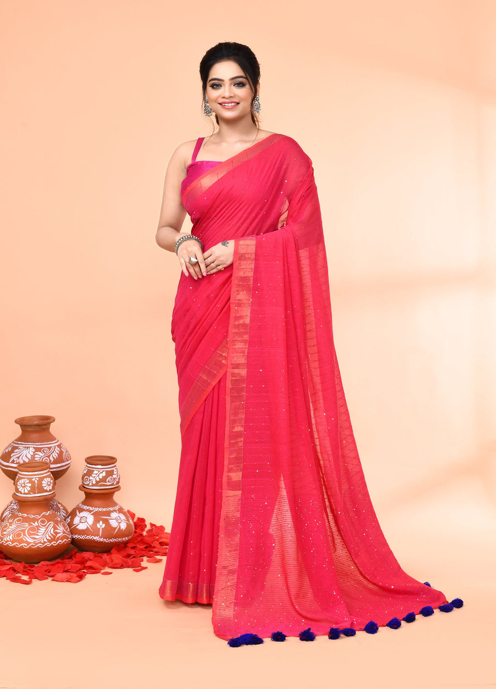 Piyari Fashion Women`s Cotton Handloom Pink Sequin Saree With Blouse | Grocsy