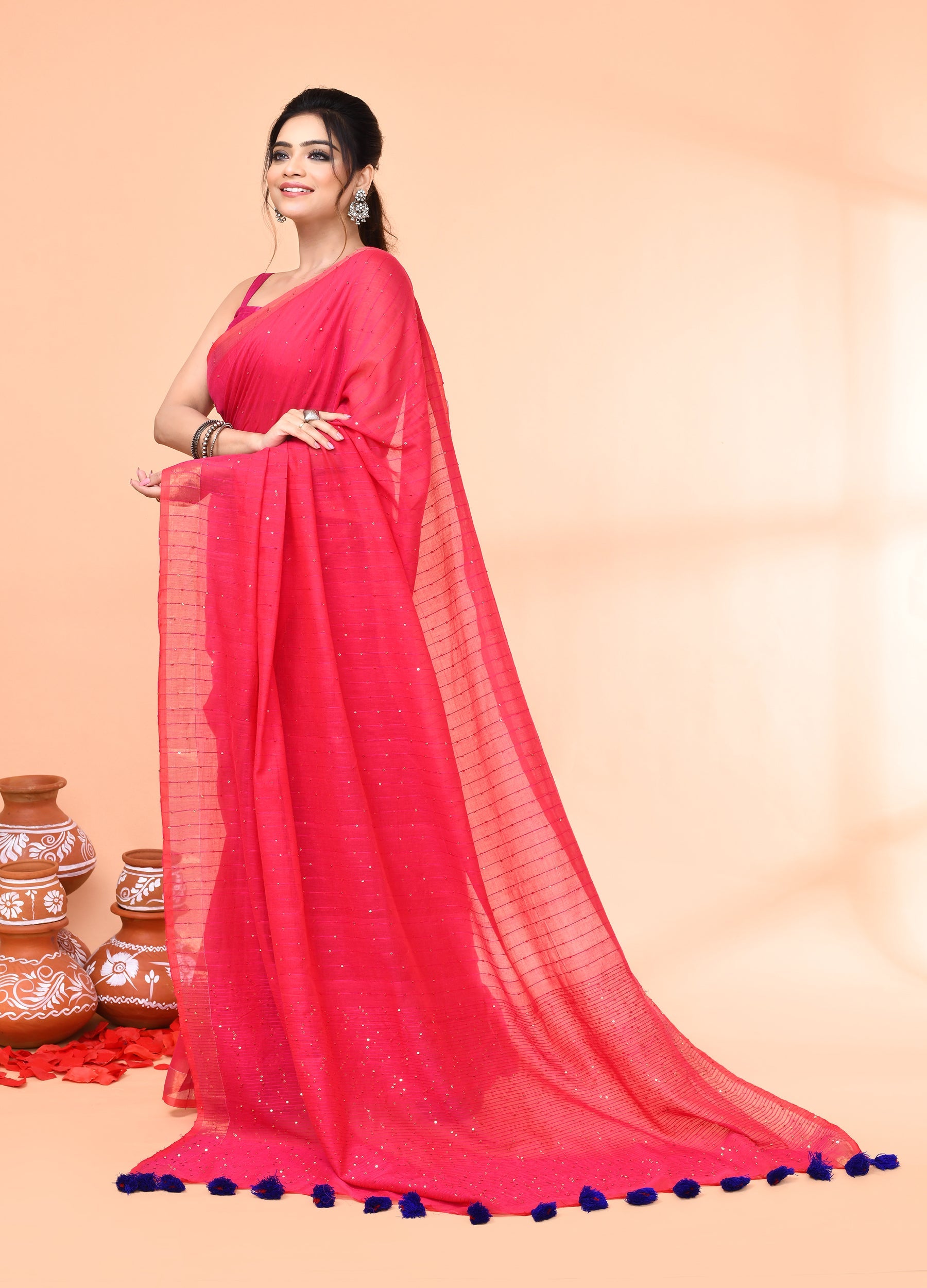 Piyari Fashion Women`s Cotton Handloom Pink Sequin Saree With Blouse | Grocsy