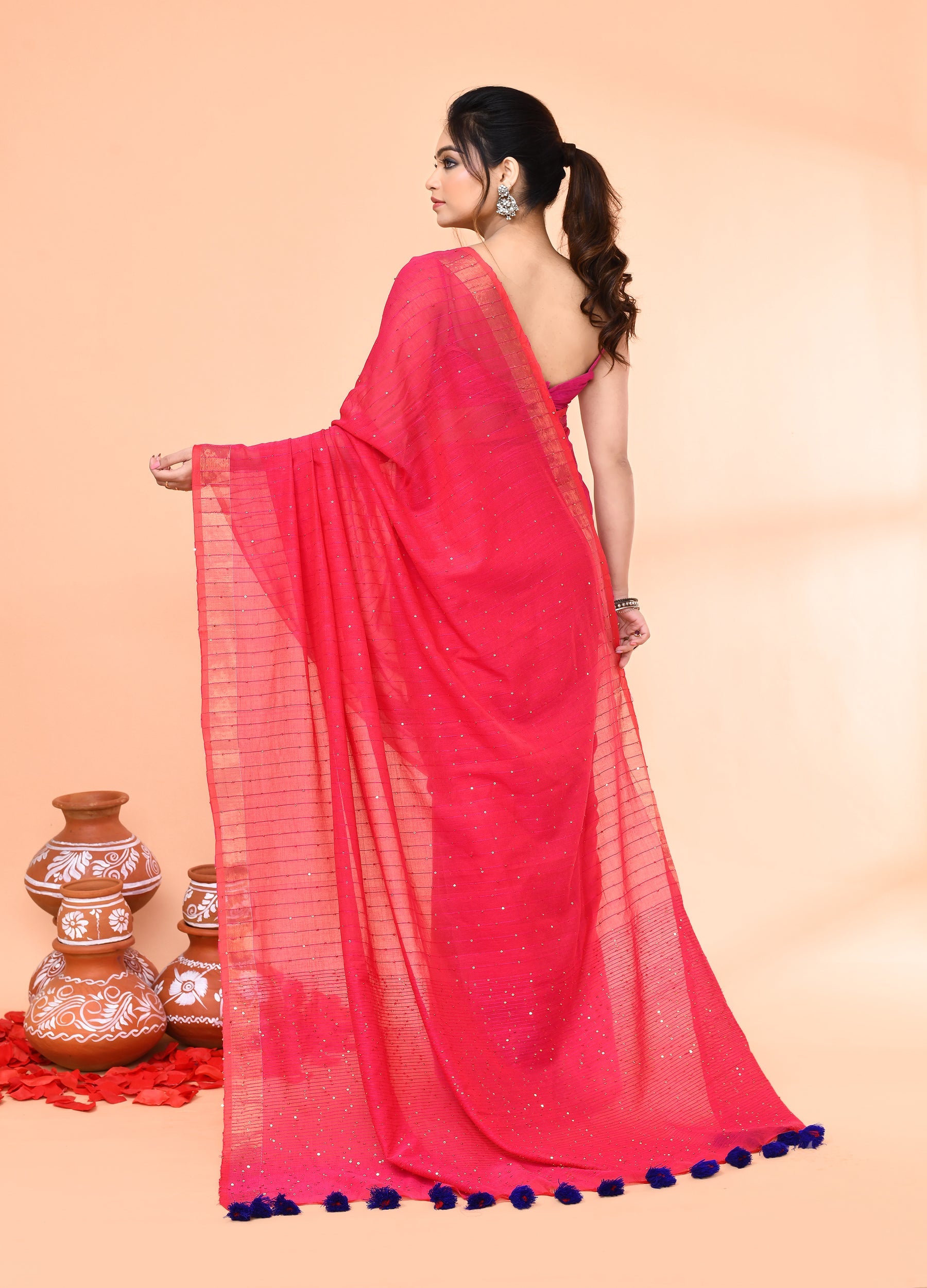 Piyari Fashion Women`s Cotton Handloom Pink Sequin Saree With Blouse | Grocsy