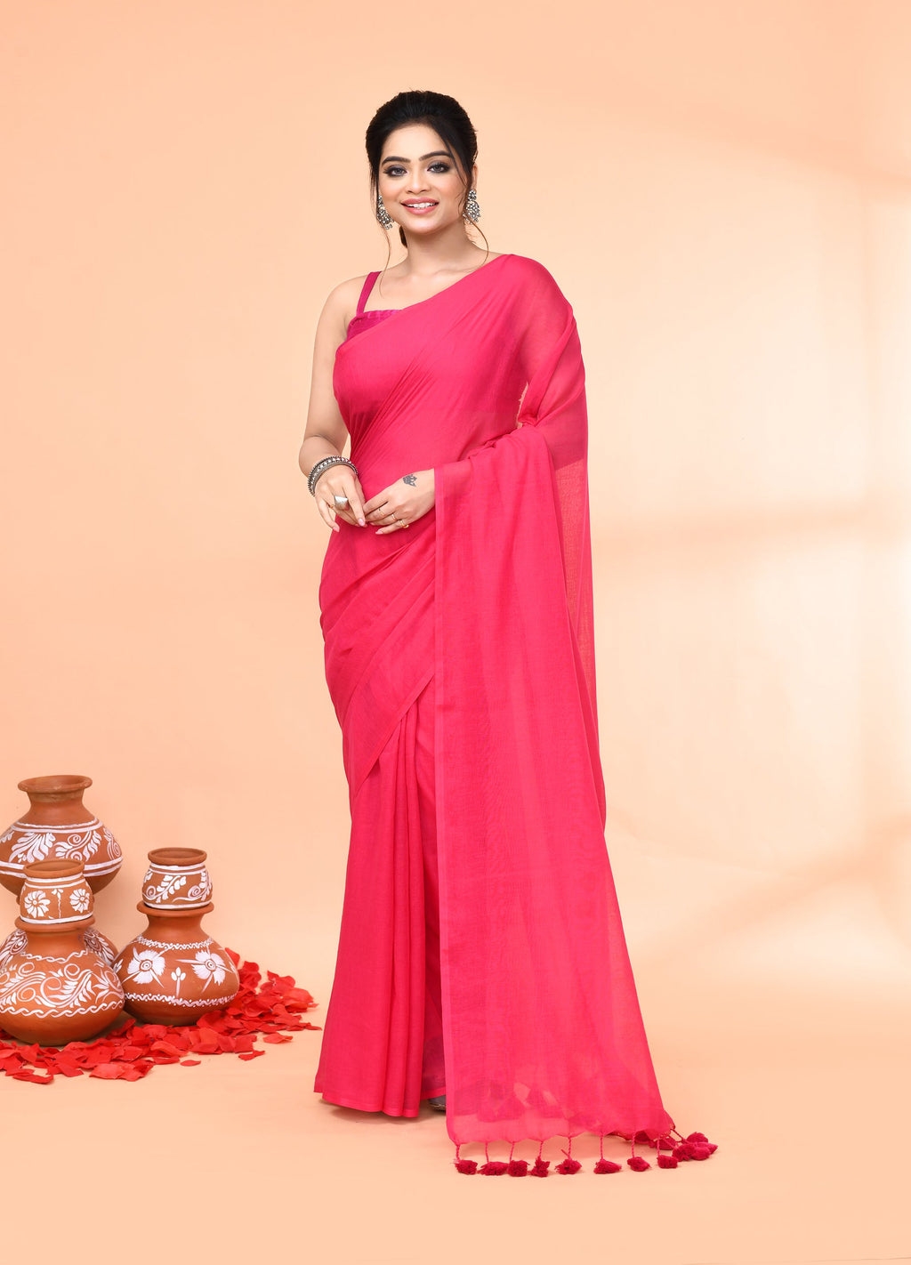 Piyari Fashion Pink Mulmul Cotton Saree With Tassels | Grocsy