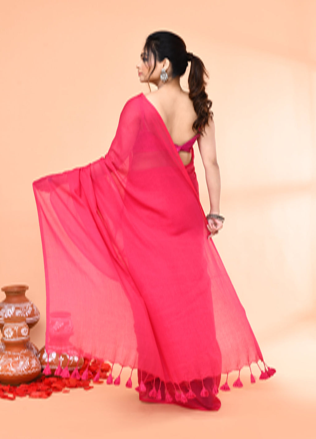 Piyari Fashion Pink Mulmul Cotton Saree With Tassels | Grocsy
