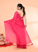 Piyari Fashion Pink Mulmul Cotton Saree With Tassels | Grocsy