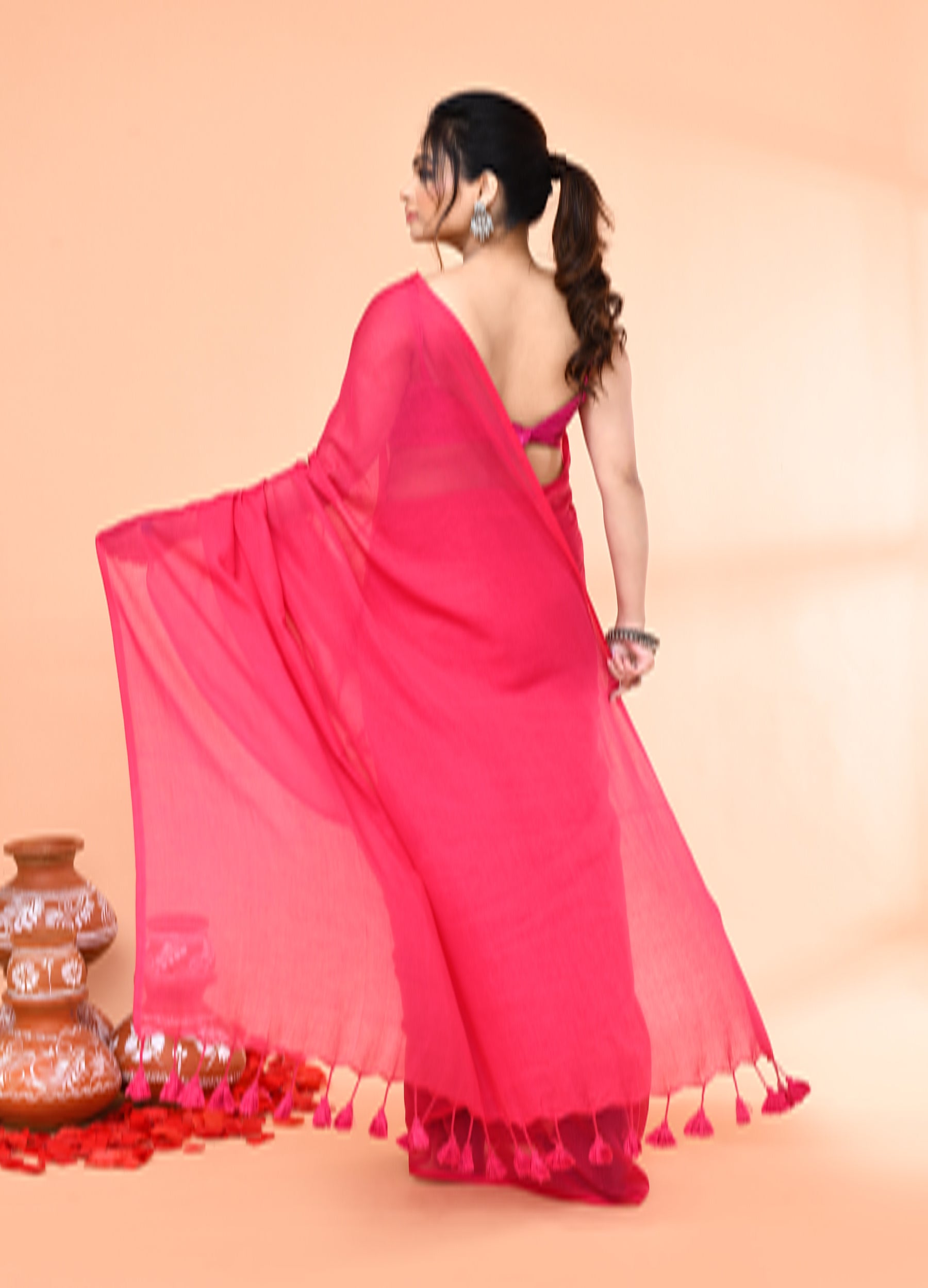 Piyari Fashion Pink Mulmul Cotton Saree With Tassels | Grocsy
