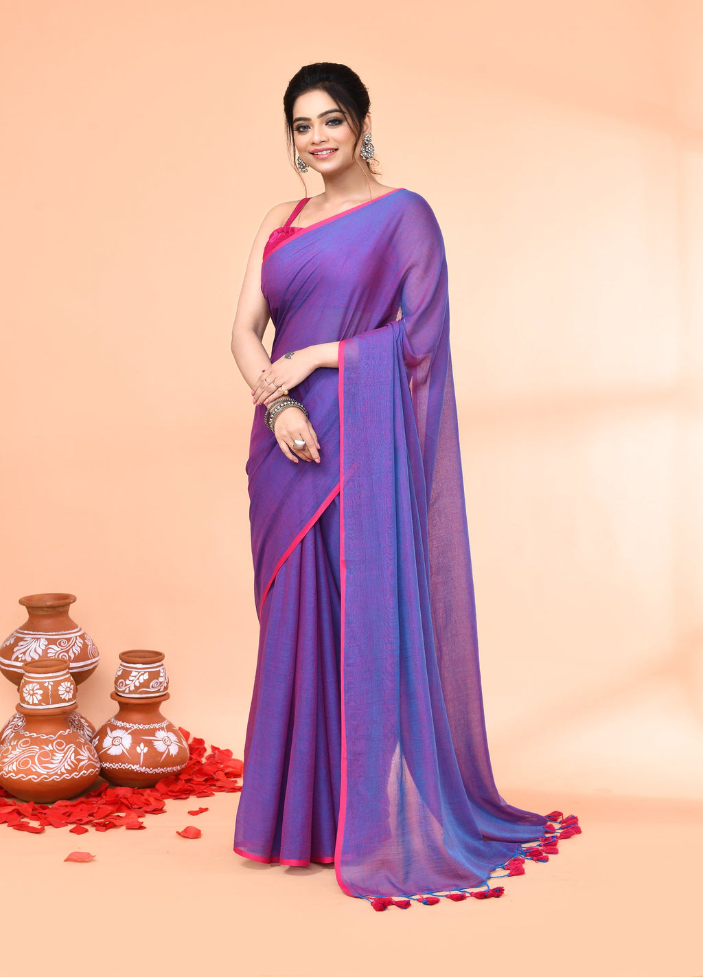 Piyari Fashion Vivid Indigo Mulmul Cotton Saree With Tassels | Grocsy