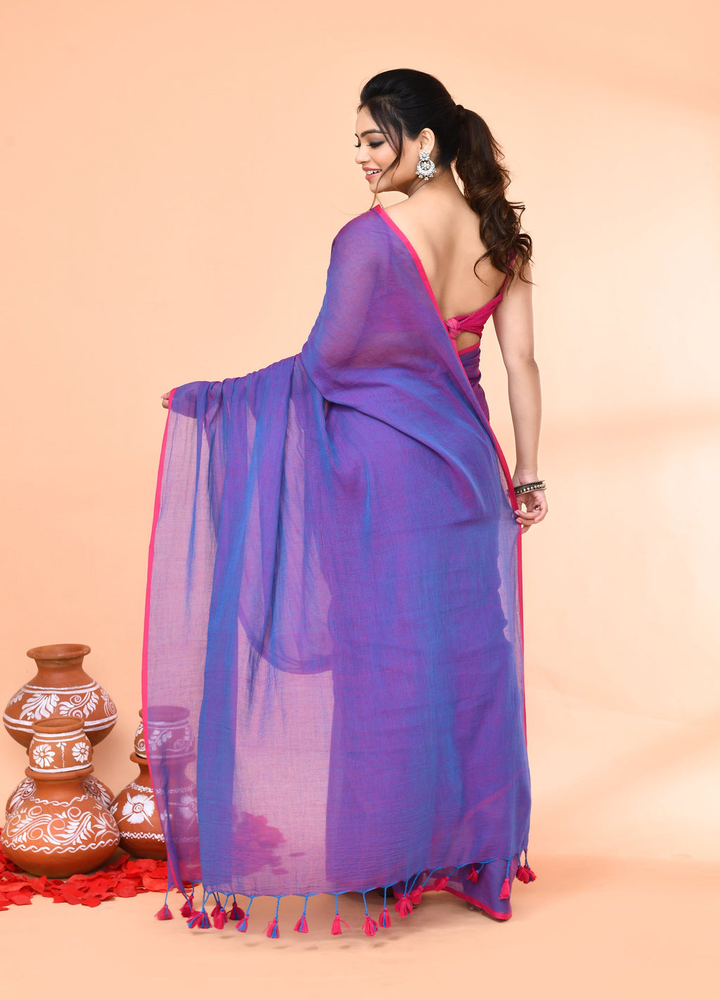 Piyari Fashion Vivid Indigo Mulmul Cotton Saree With Tassels | Grocsy