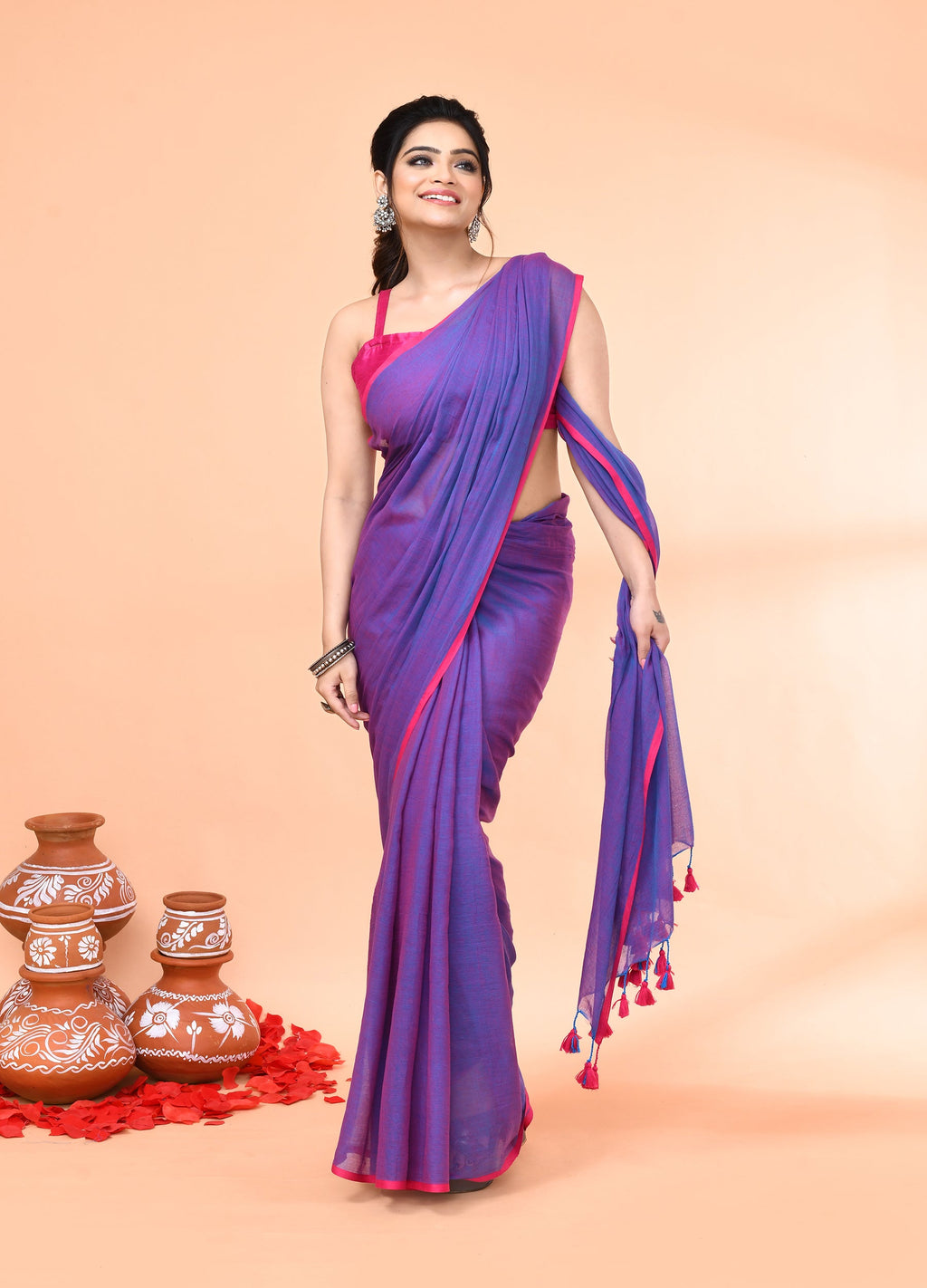 Piyari Fashion Vivid Indigo Mulmul Cotton Saree With Tassels | Grocsy
