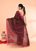 Piyari Fashion Women`s Brown Mul Cotton Handloom Jamdani Saree With Blouse | Grocsy