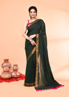 Piyari Fashion Women`s Cotton Handloom Dark Green Sequin Saree With Blouse | Grocsy
