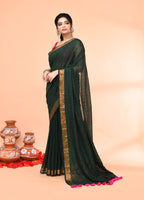 Piyari Fashion Women`s Cotton Handloom Dark Green Sequin Saree With Blouse | Grocsy