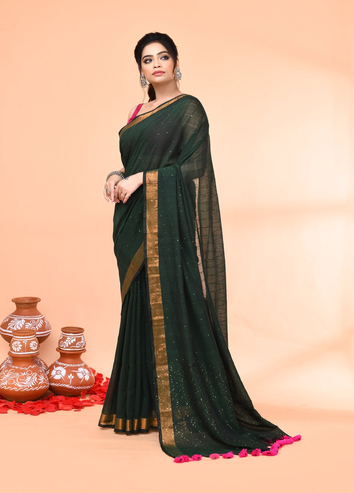 Piyari Fashion Women`s Cotton Handloom Dark Green Sequin Saree With Blouse | Grocsy