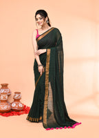 Piyari Fashion Women`s Cotton Handloom Dark Green Sequin Saree With Blouse | Grocsy