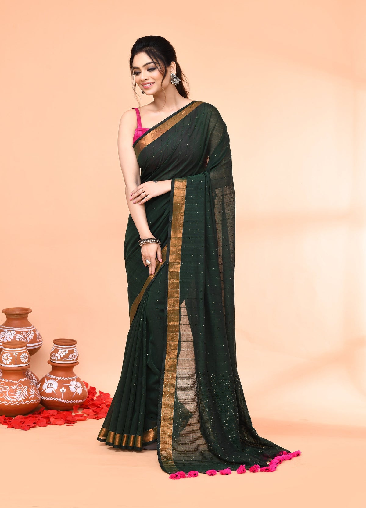 Piyari Fashion Women`s Cotton Handloom Dark Green Sequin Saree With Blouse | Grocsy