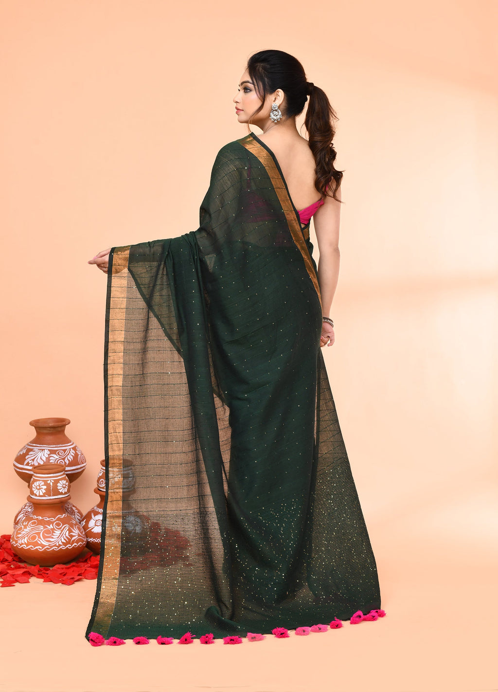 Piyari Fashion Women`s Cotton Handloom Dark Green Sequin Saree With Blouse | Grocsy