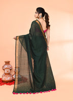 Piyari Fashion Women`s Cotton Handloom Dark Green Sequin Saree With Blouse | Grocsy