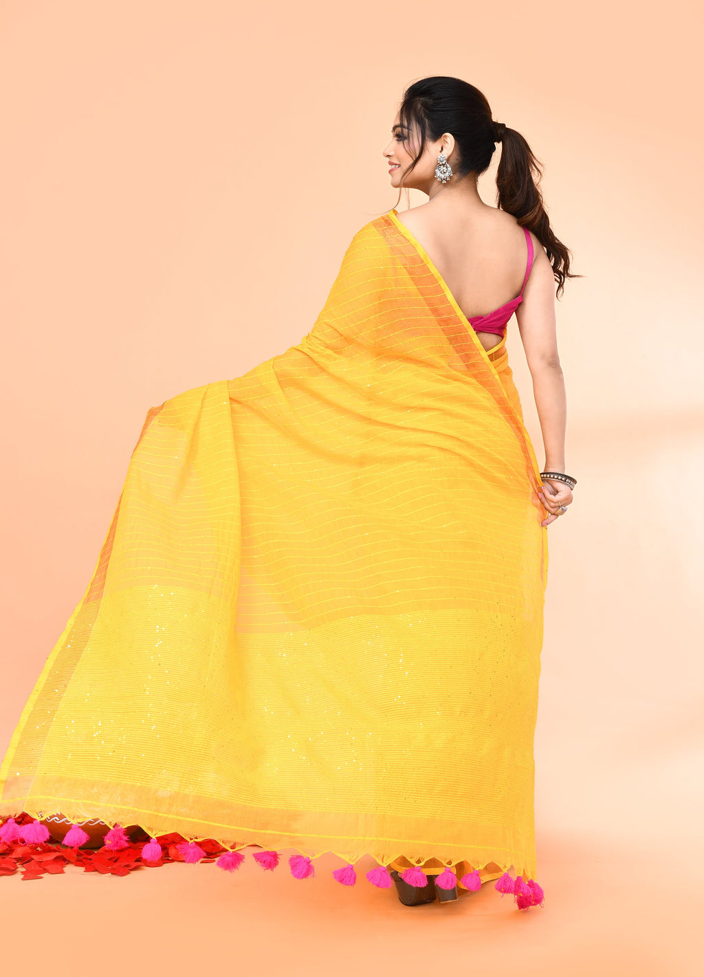 Piyari Fashion Women`s Cotton Handloom Yellow Sequin Saree With Blouse | Grocsy