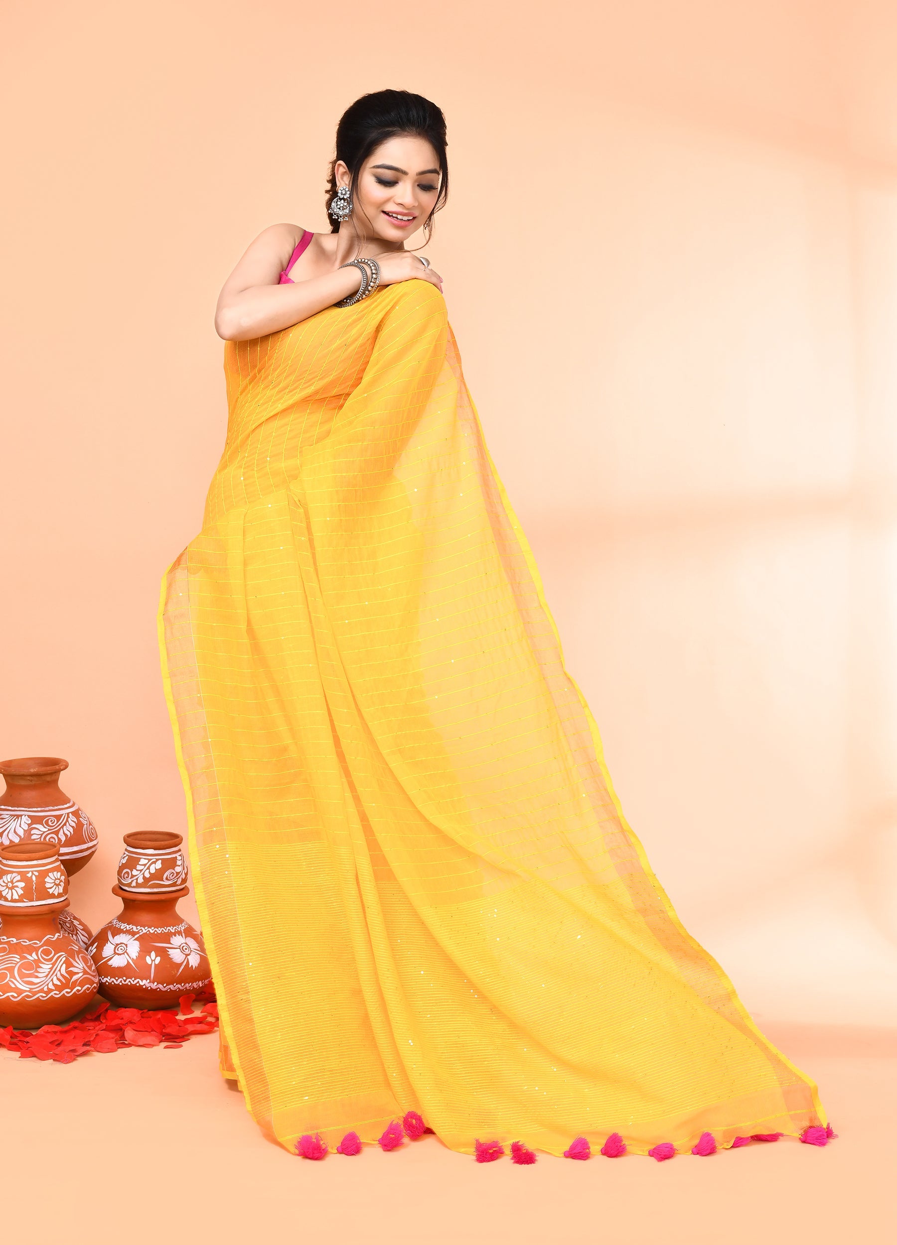 Piyari Fashion Women`s Cotton Handloom Yellow Sequin Saree With Blouse | Grocsy