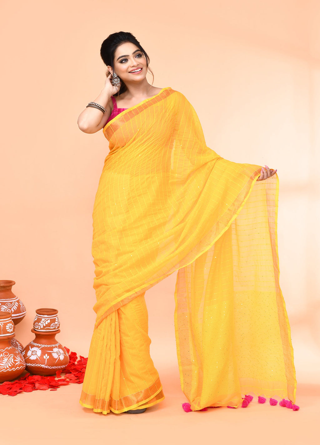 Piyari Fashion Women`s Cotton Handloom Yellow Sequin Saree With Blouse | Grocsy