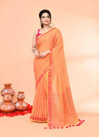 Piyari Fashion Women`s Cotton Handloom Pale Orange Sequin Saree With Blouse | Grocsy