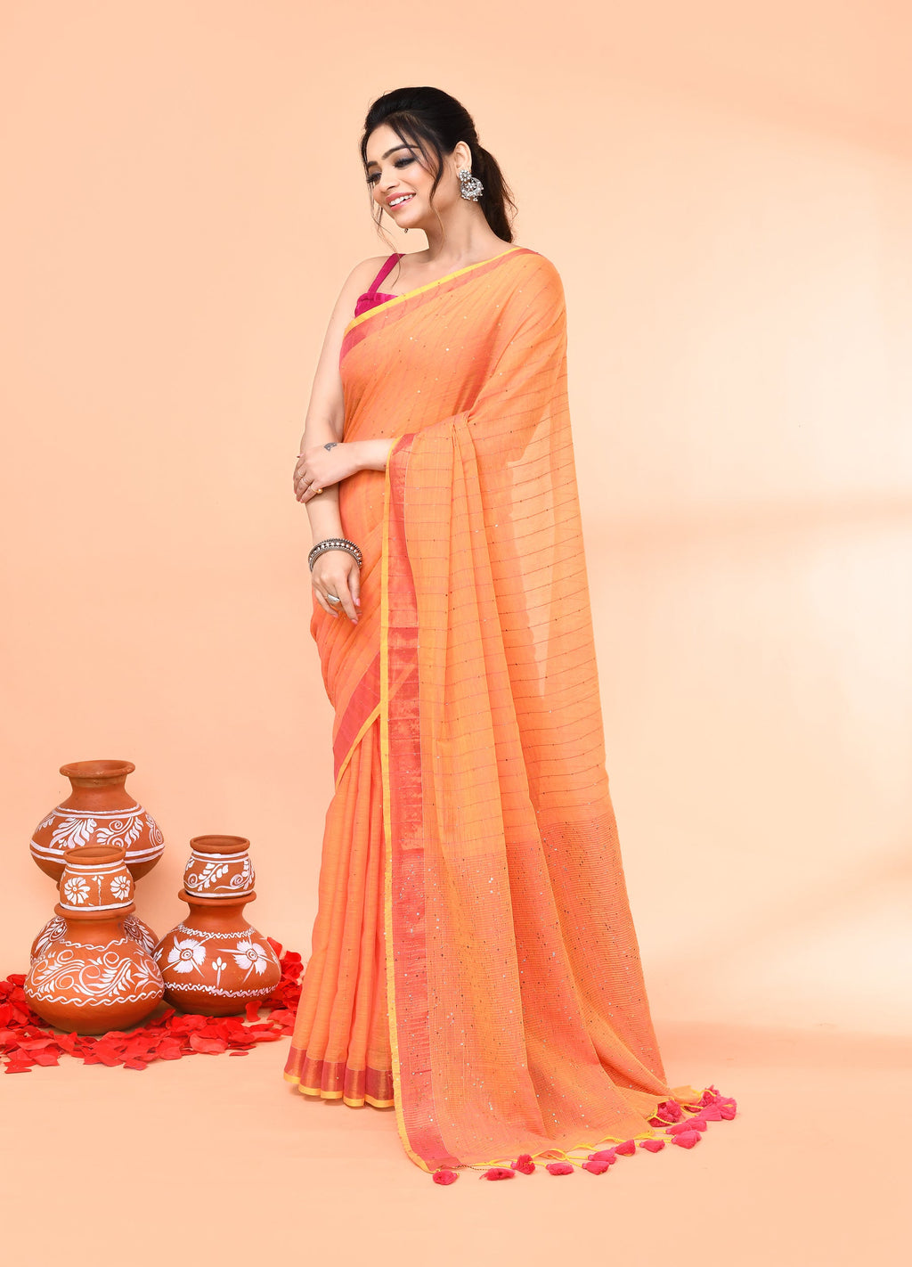 Piyari Fashion Women`s Cotton Handloom Pale Orange Sequin Saree With Blouse | Grocsy