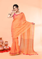 Piyari Fashion Women`s Cotton Handloom Pale Orange Sequin Saree With Blouse | Grocsy