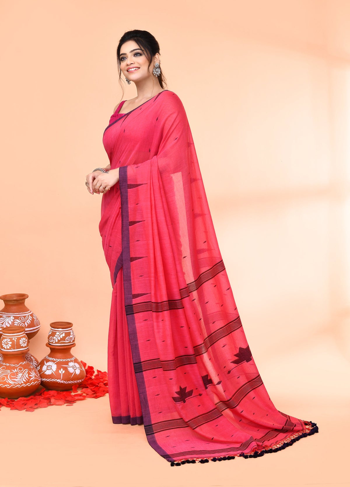 Piyari Fashion Women`s Pink Mul Cotton Handloom Jamdani Saree With Blouse | Grocsy
