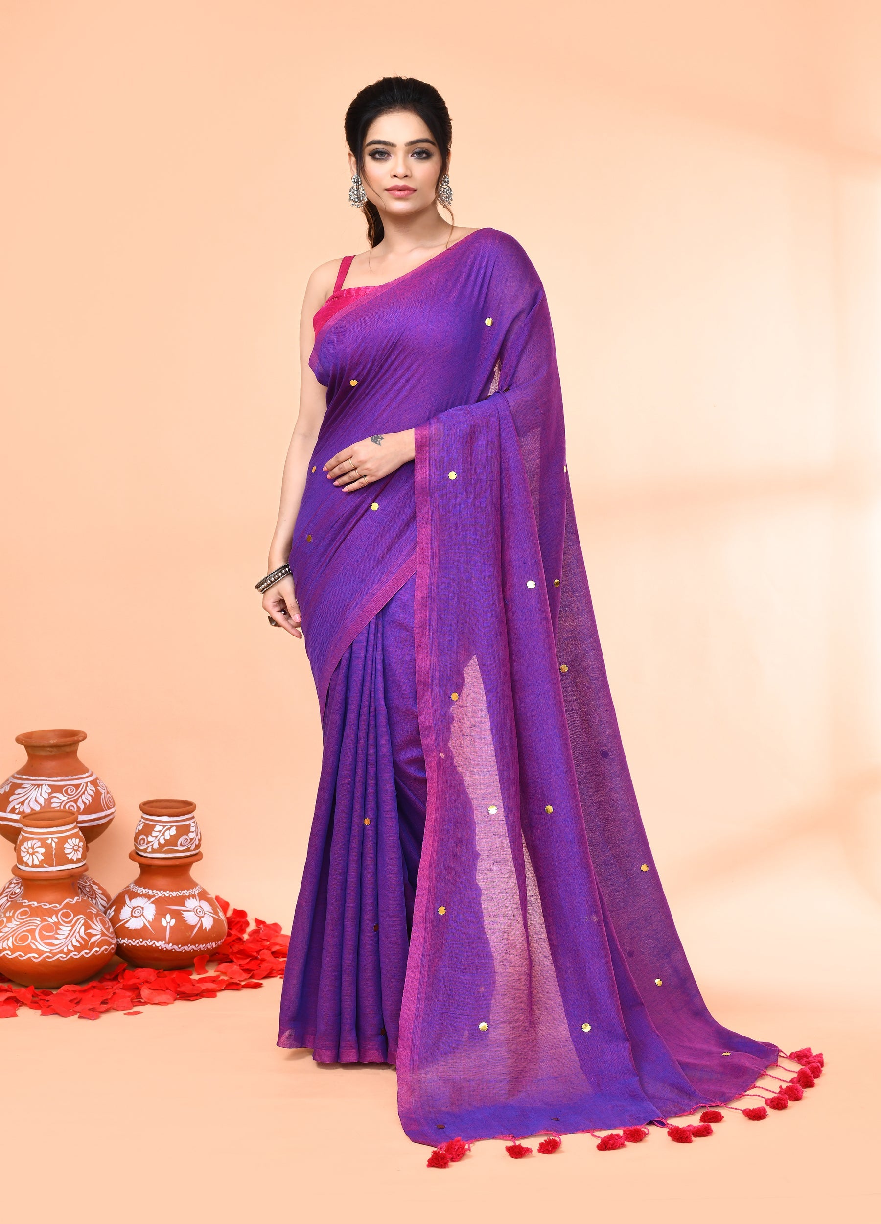 Piyari Fashion Women`s Cotton Handloom Purple Sequin Saree With Blouse | Grocsy