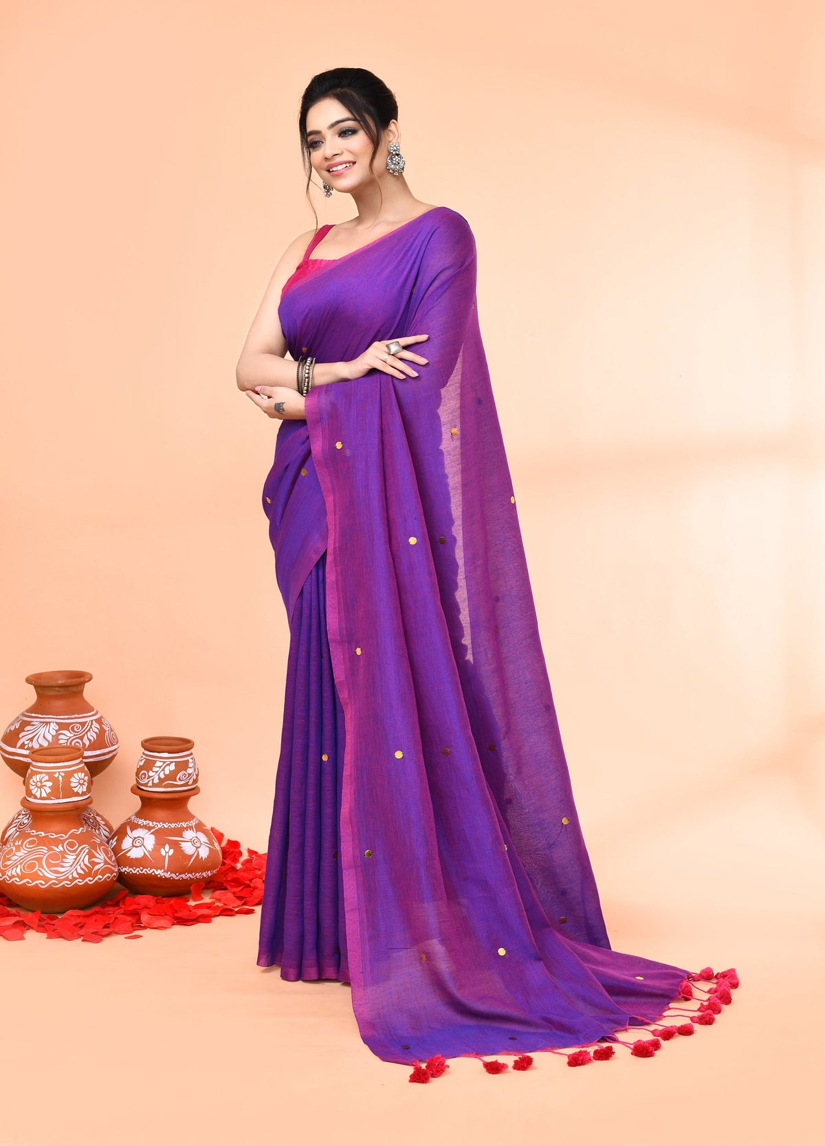 Piyari Fashion Women`s Cotton Handloom Purple Sequin Saree With Blouse | Grocsy