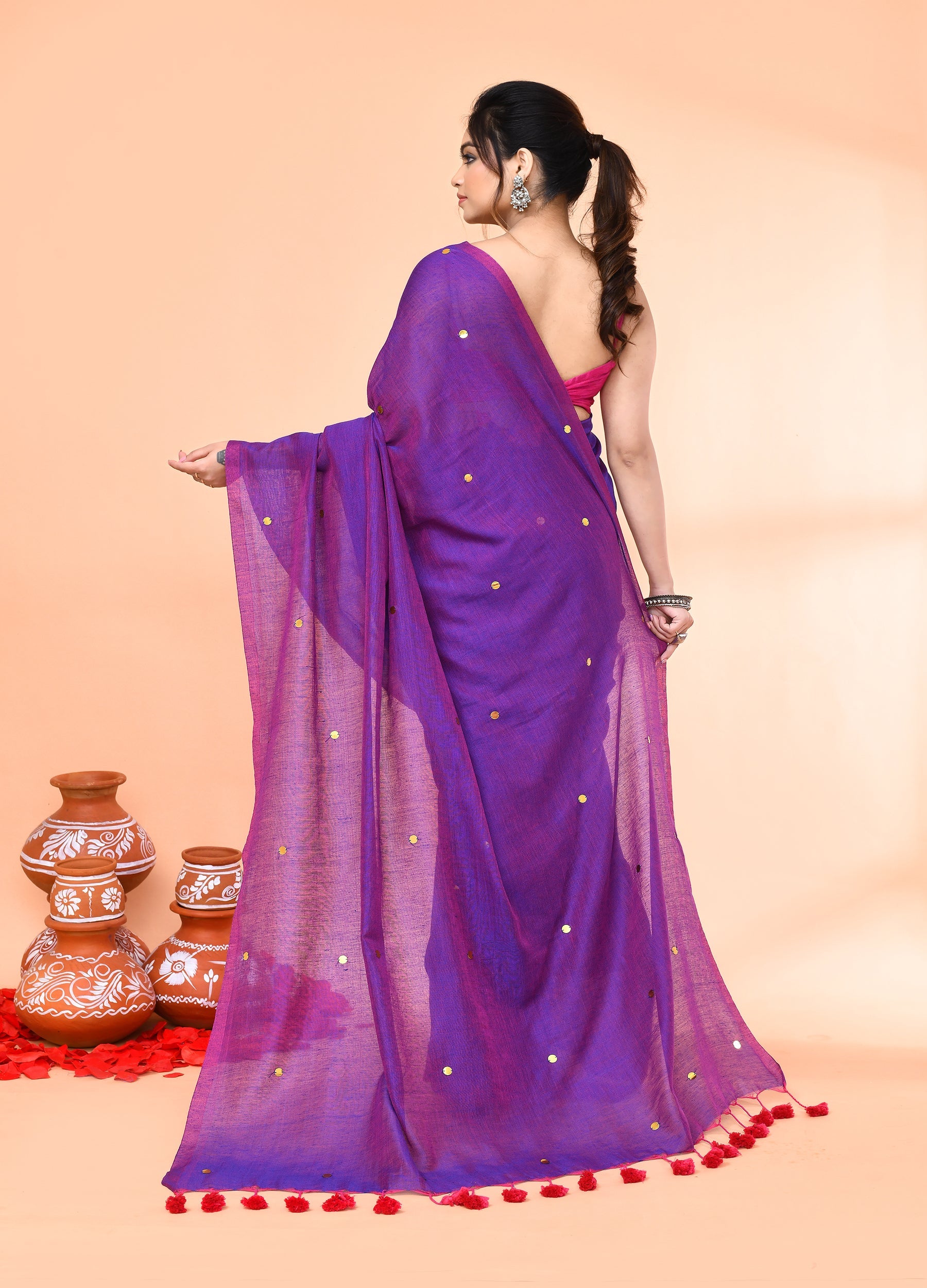 Piyari Fashion Women`s Cotton Handloom Purple Sequin Saree With Blouse | Grocsy