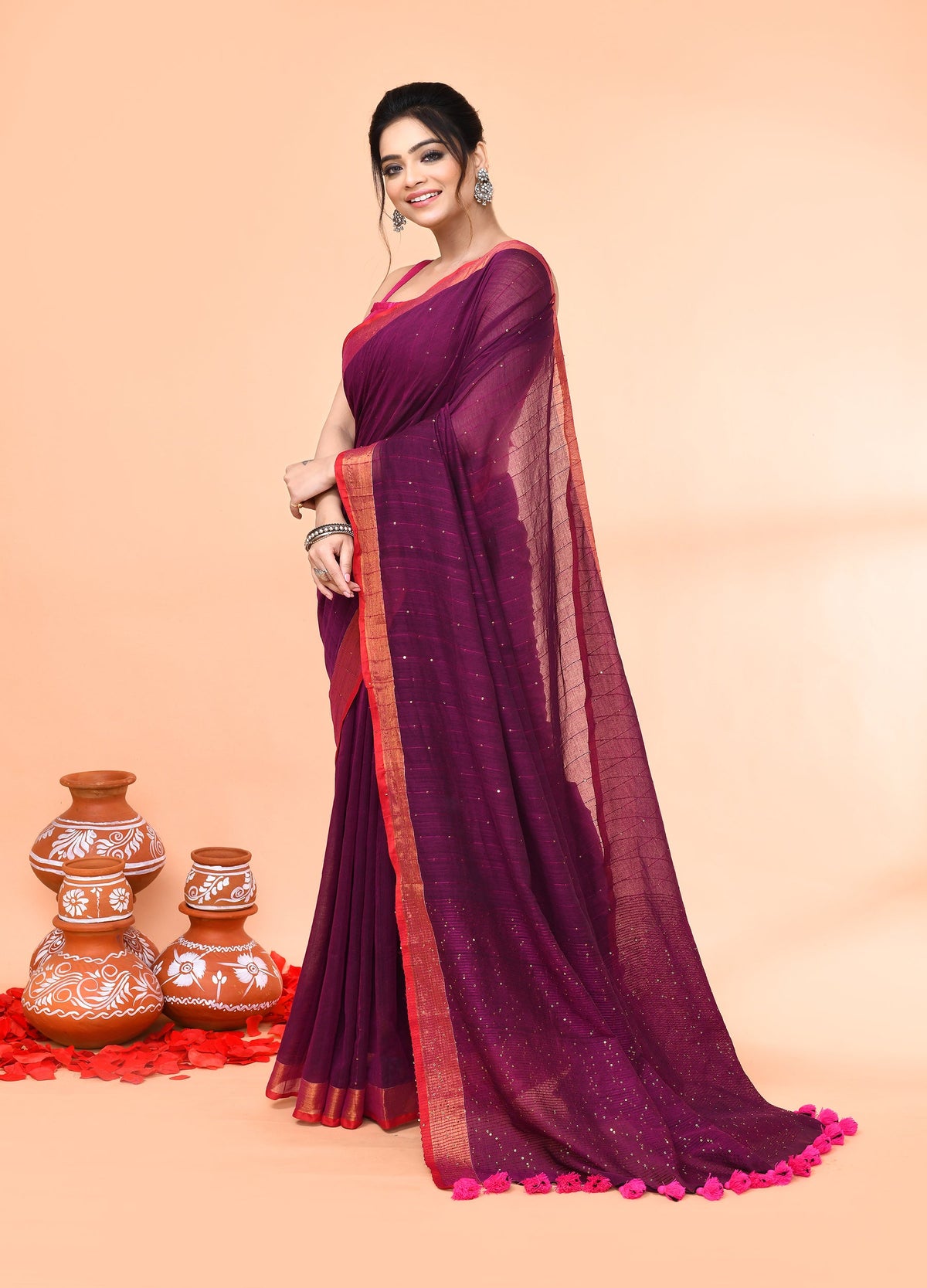 Piyari Fashion Women`s Cotton Handloom Magenta Sequin Saree With Blouse | Grocsy