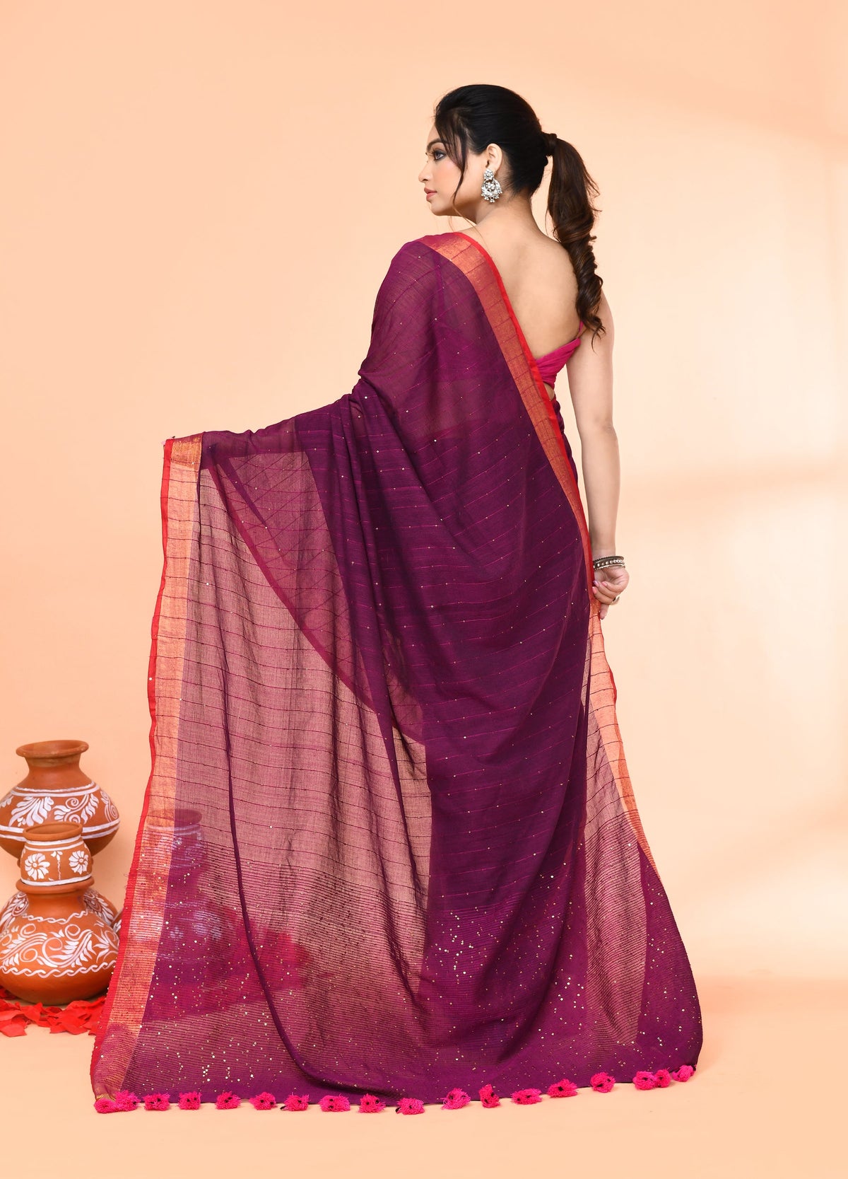 Piyari Fashion Women`s Cotton Handloom Magenta Sequin Saree With Blouse | Grocsy