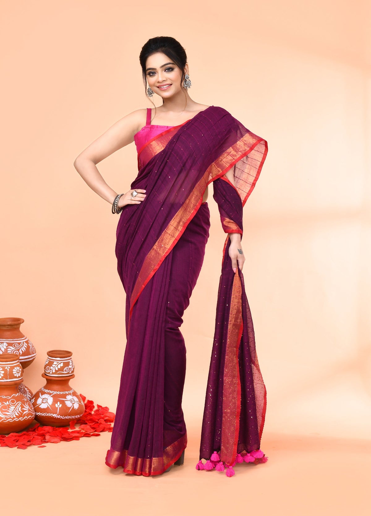 Piyari Fashion Women`s Cotton Handloom Magenta Sequin Saree With Blouse | Grocsy