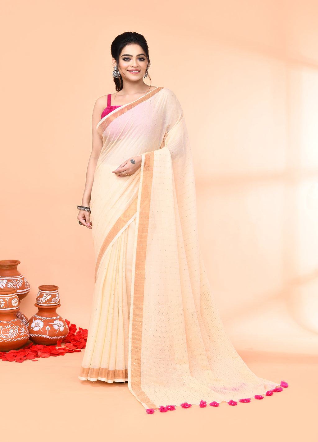 Piyari Fashion Women`s Cotton Handloom Light Tan Sequin Saree With Blouse | Grocsy