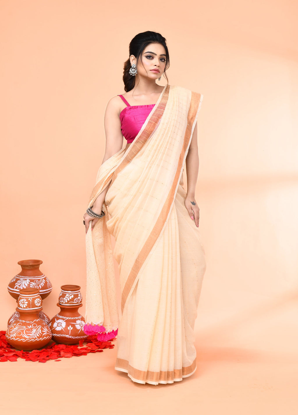 Piyari Fashion Women`s Cotton Handloom Light Tan Sequin Saree With Blouse | Grocsy
