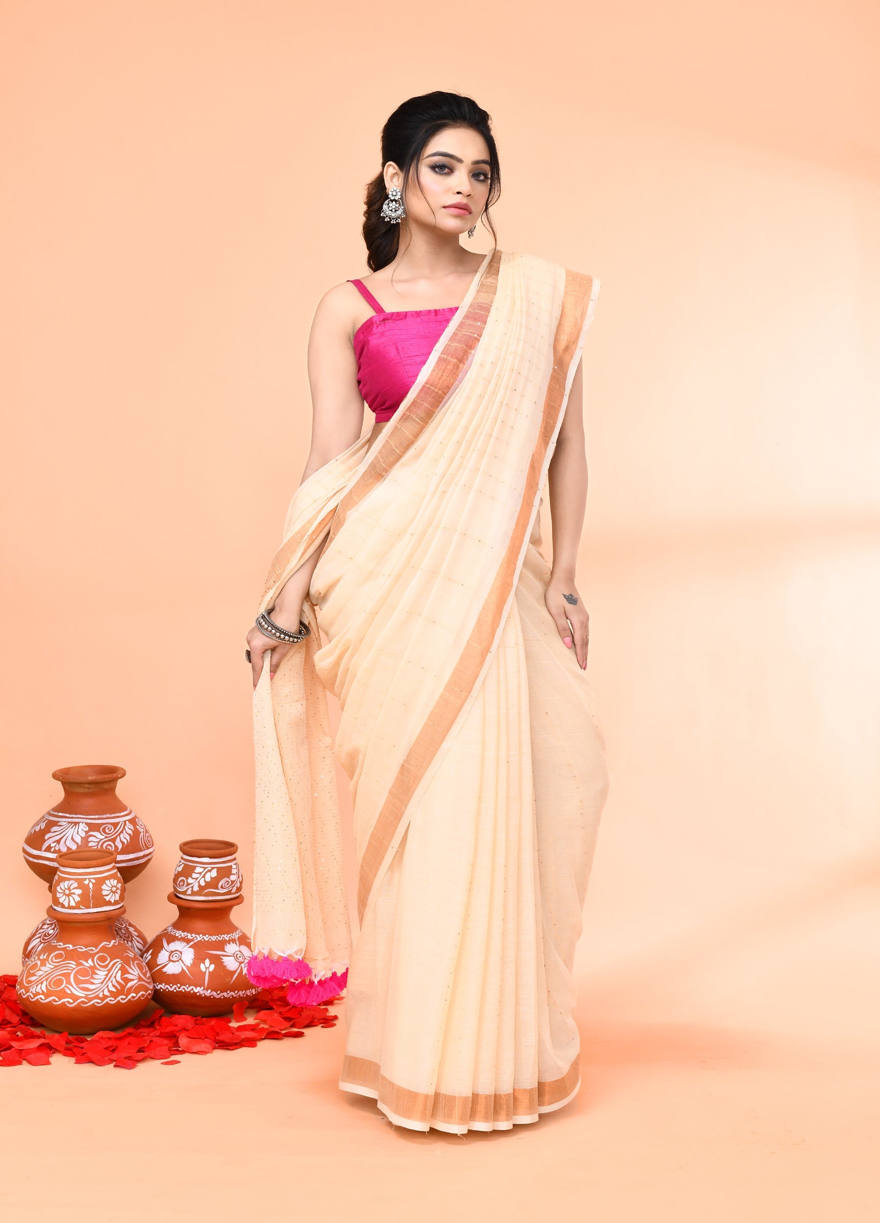 Piyari Fashion Women`s Cotton Handloom Light Tan Sequin Saree With Blouse | Grocsy