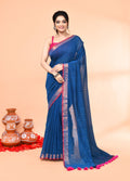 Piyari Fashion Women`s Cotton Handloom Deep Turquoise Sequin Saree With Blouse | Grocsy